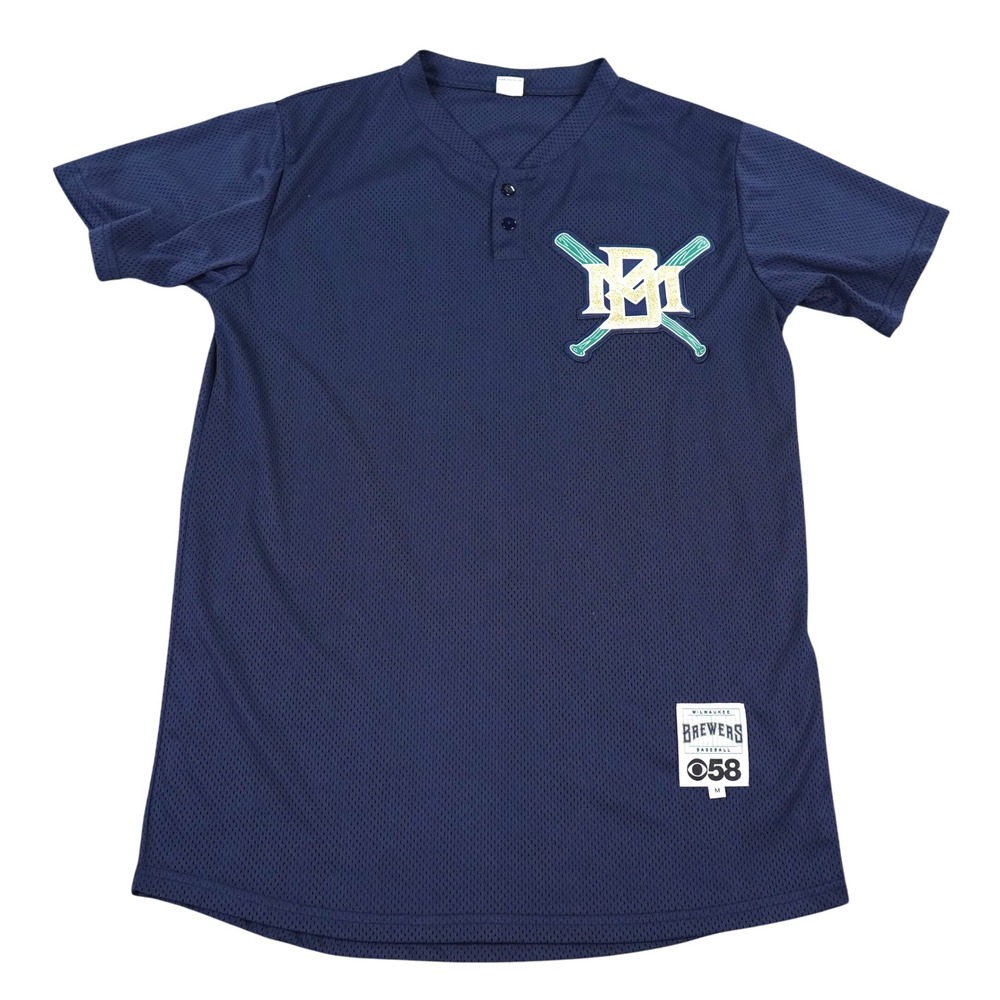 Milwaukee Brewers Baseball Jersey Men M Blue SGA CBS 58 Give Away Mesh Henley